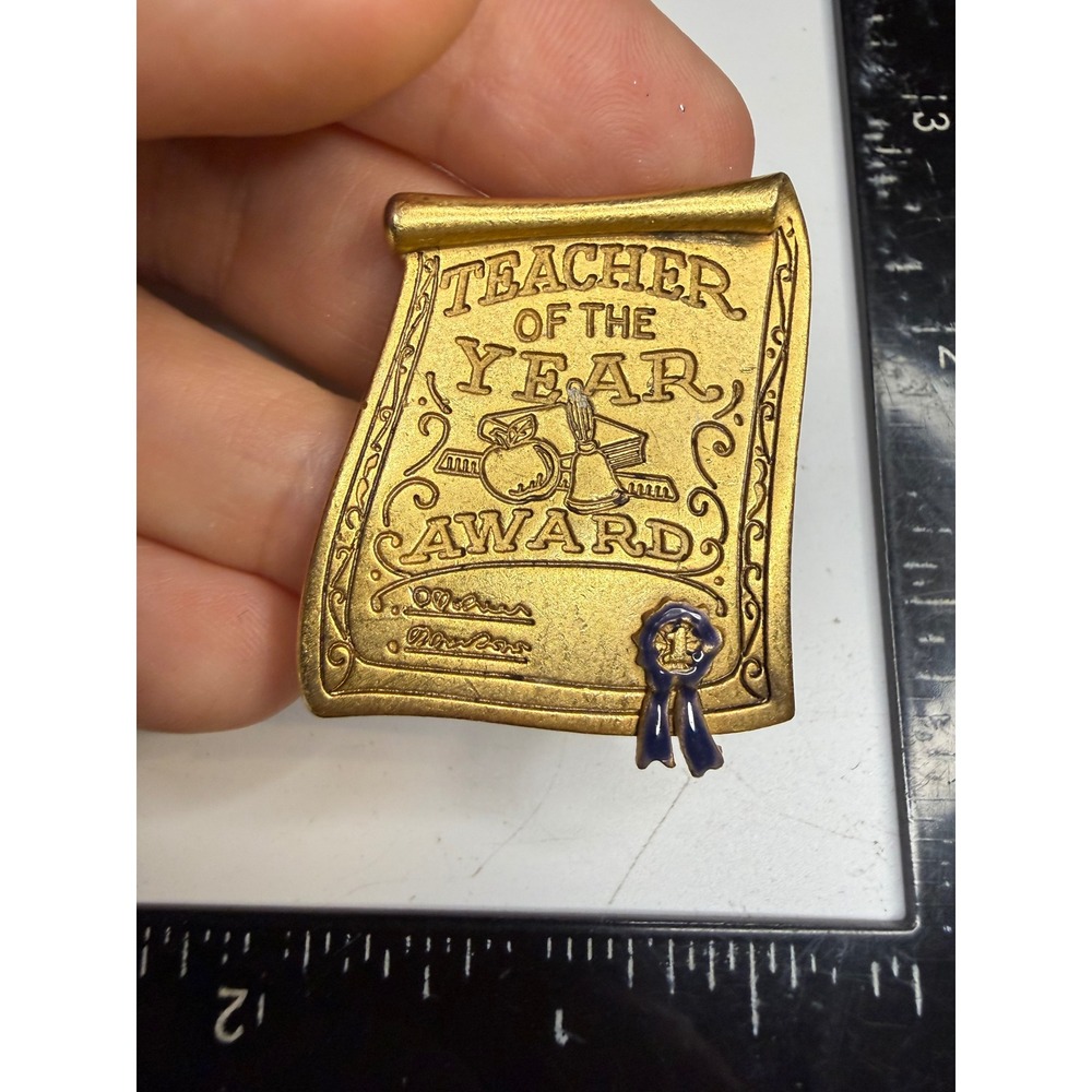 AJC Teacher of the Year Award Brooch Gold Tone Scroll Apple Bell Pin